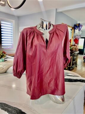 V-Neck Faux Leather Tunic in Berry Red
